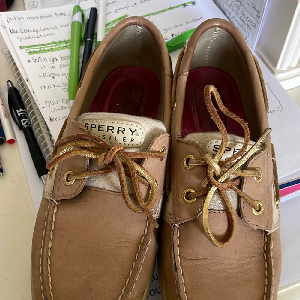 Sperry Tan and Gold Boat Shoes with Moccasin-Style Design